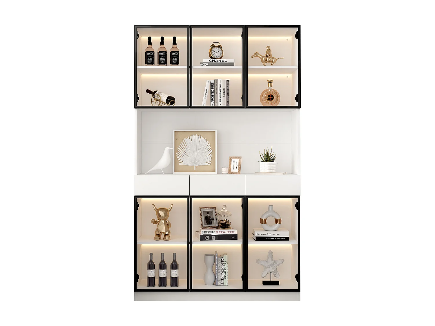 Vitrine avec 6 portes en verre et 3 tiroirs - 120 x 36 x 200 cm - LEDs - Panneaux de particules - Blanc