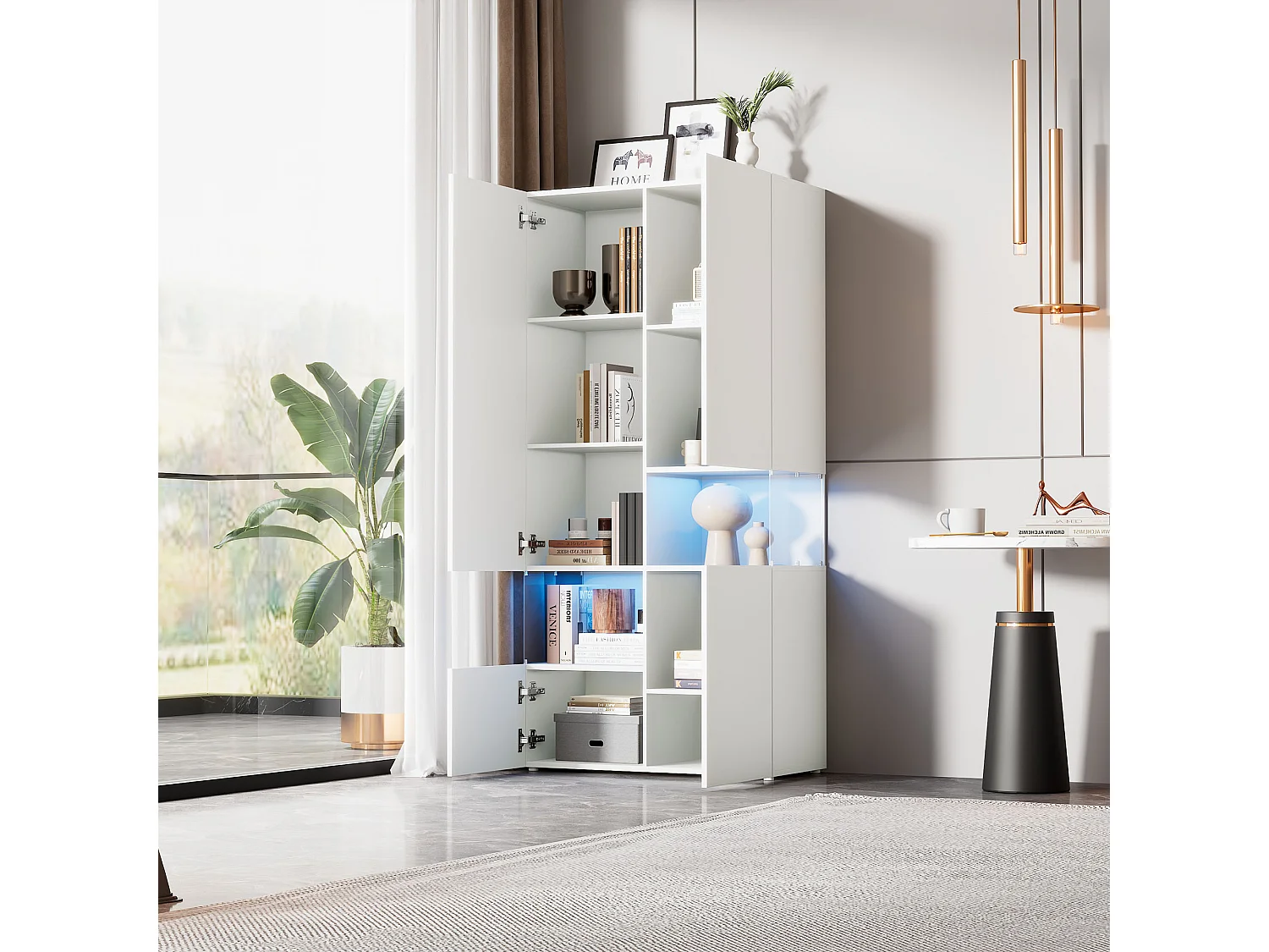 Vitrine avec 4 portes et 2 compartiments - 80 x 38 x 170 cm - LEDs - Panneau de particules - Coloris blanc