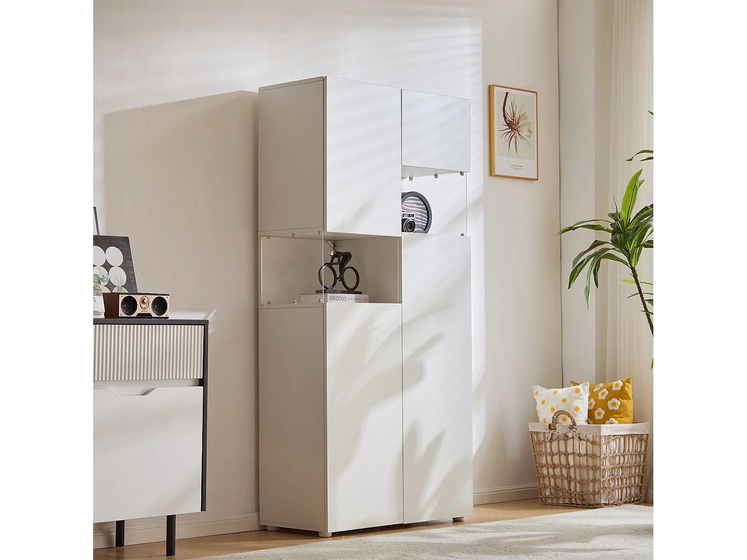 Vitrine avec 4 portes et 2 compartiments - 80 x 38 x 170 cm - LEDs - Panneau de particules - Coloris blanc