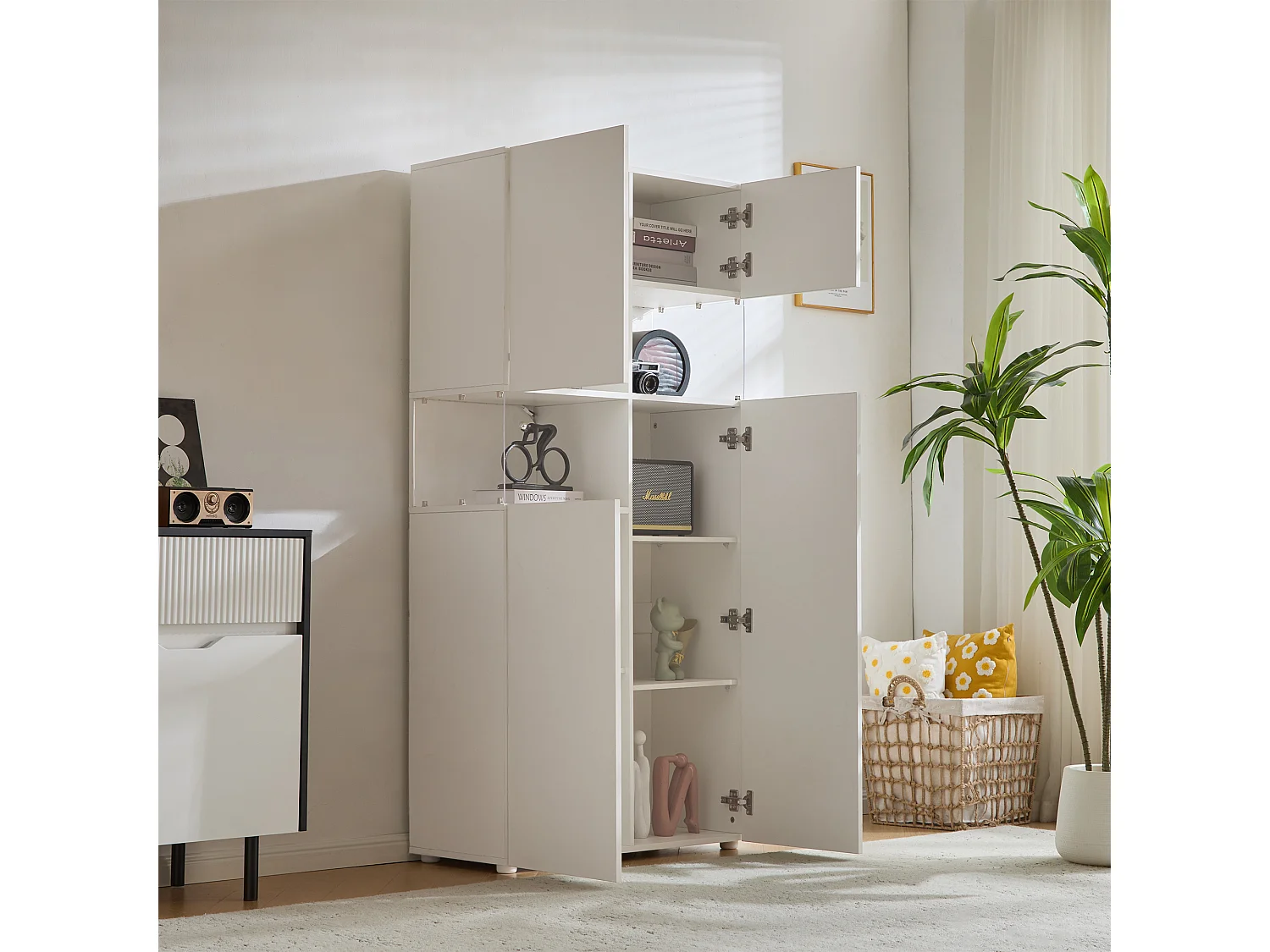 Vitrine avec 4 portes et 2 compartiments - 80 x 38 x 170 cm - LEDs - Panneau de particules - Coloris blanc