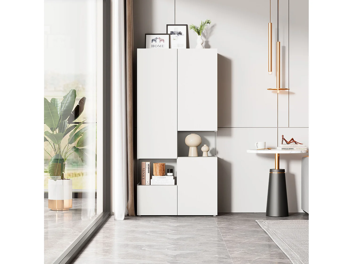 Vitrine avec 4 portes et 2 compartiments - 80 x 38 x 170 cm - LEDs - Panneau de particules - Coloris blanc