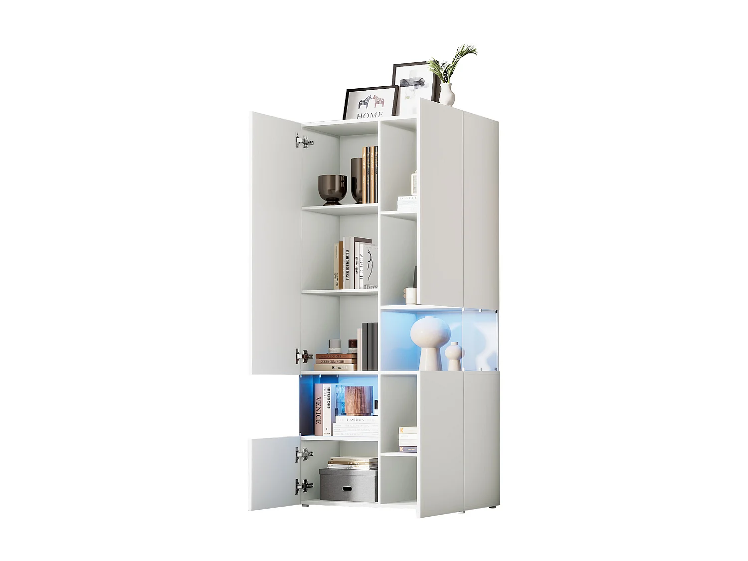 Vitrine avec 4 portes et 2 compartiments - 80 x 38 x 170 cm - LEDs - Panneau de particules - Coloris blanc