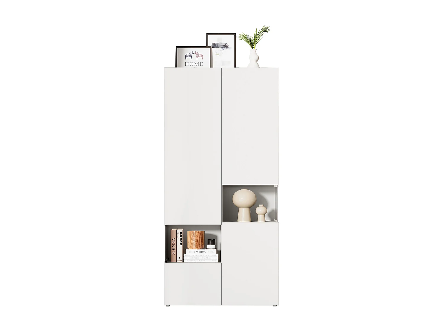 Vitrine avec 4 portes et 2 compartiments - 80 x 38 x 170 cm - LEDs - Panneau de particules - Coloris blanc