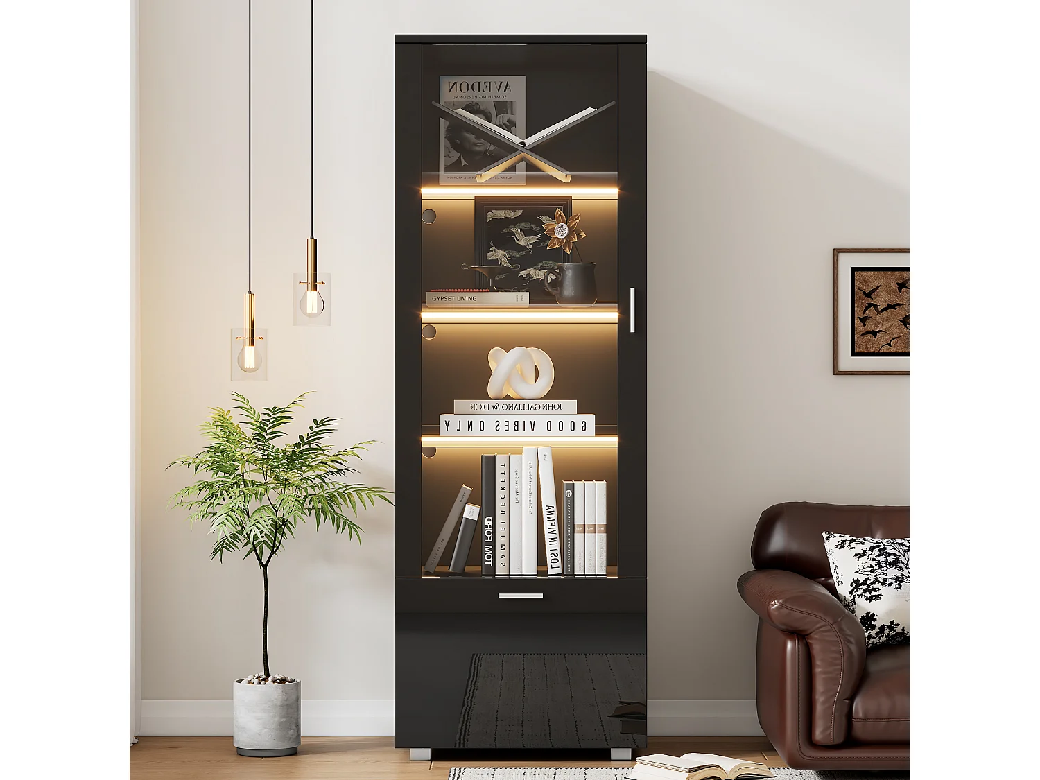 Vitrine avec 1 porte et 1 tiroir - 50 x 40 x 160 cm - LEDs - Étagère en verre - Panneaux de particules - Noire brillant