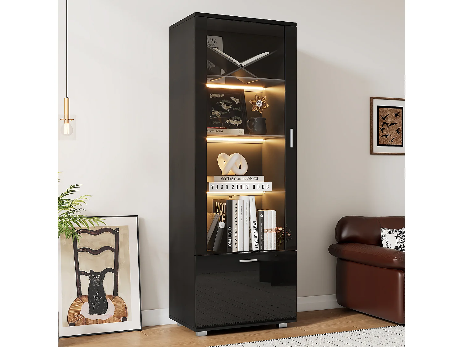 Vitrine avec 1 porte et 1 tiroir - 50 x 40 x 160 cm - LEDs - Étagère en verre - Panneaux de particules - Noire brillant