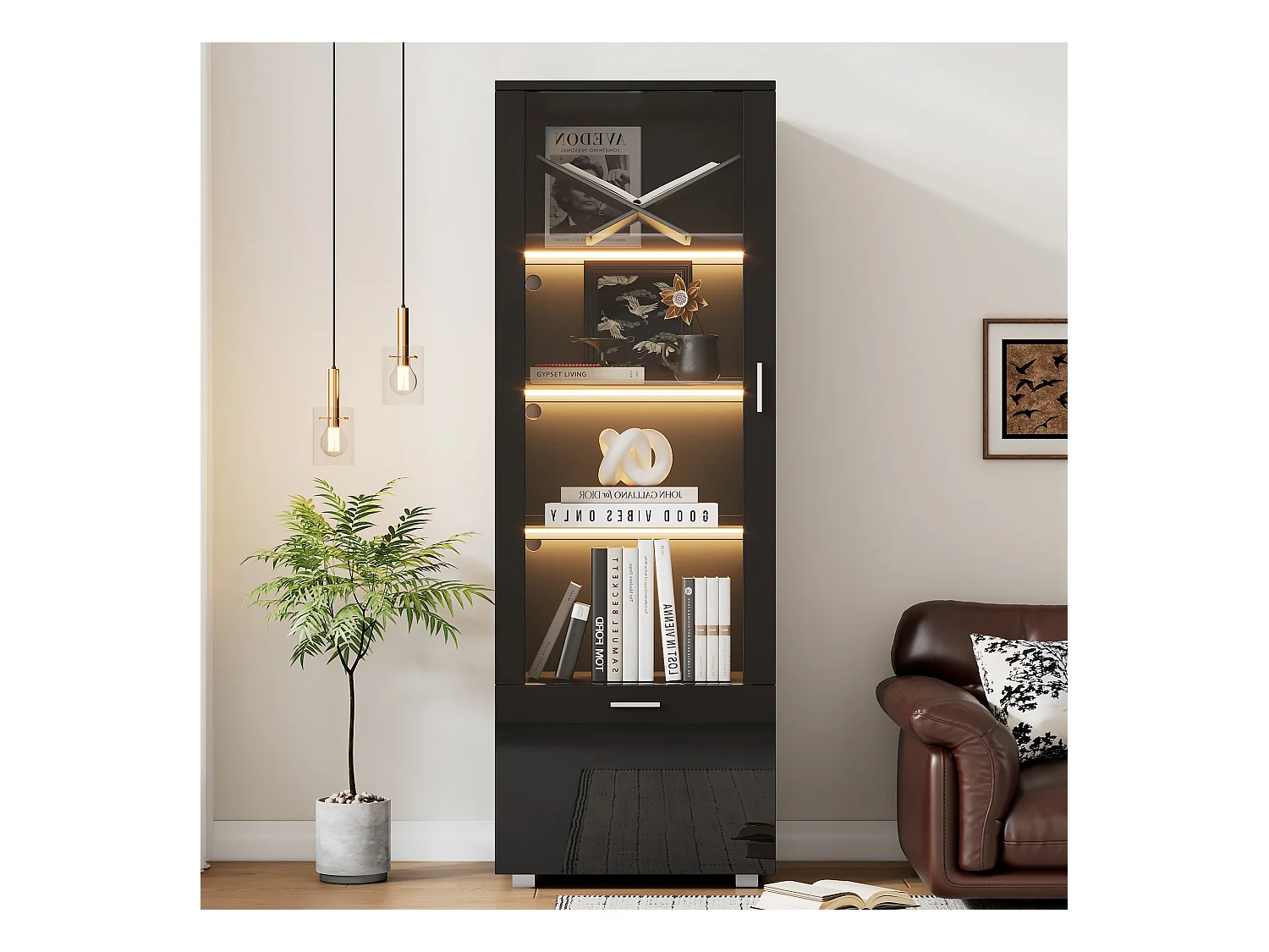 Vitrine avec 1 porte et 1 tiroir - 50 x 40 x 160 cm - LEDs - Étagère en verre - Panneaux de particules - Noire brillant