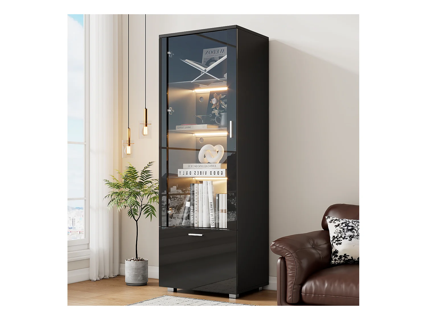 Vitrine avec 1 porte et 1 tiroir - 50 x 40 x 160 cm - LEDs - Étagère en verre - Panneaux de particules - Noire brillant