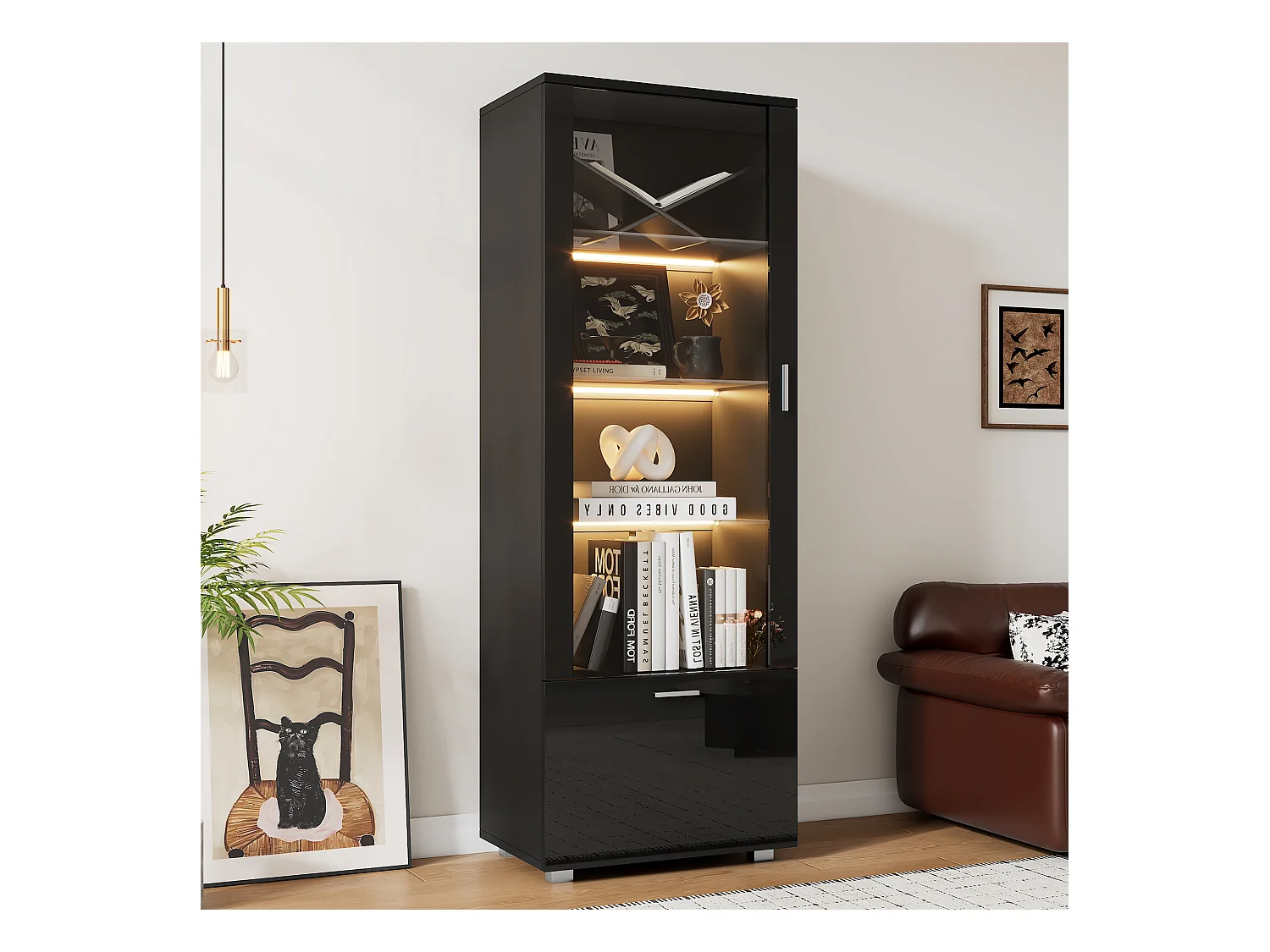 Vitrine avec 1 porte et 1 tiroir - 50 x 40 x 160 cm - LEDs - Étagère en verre - Panneaux de particules - Noire brillant