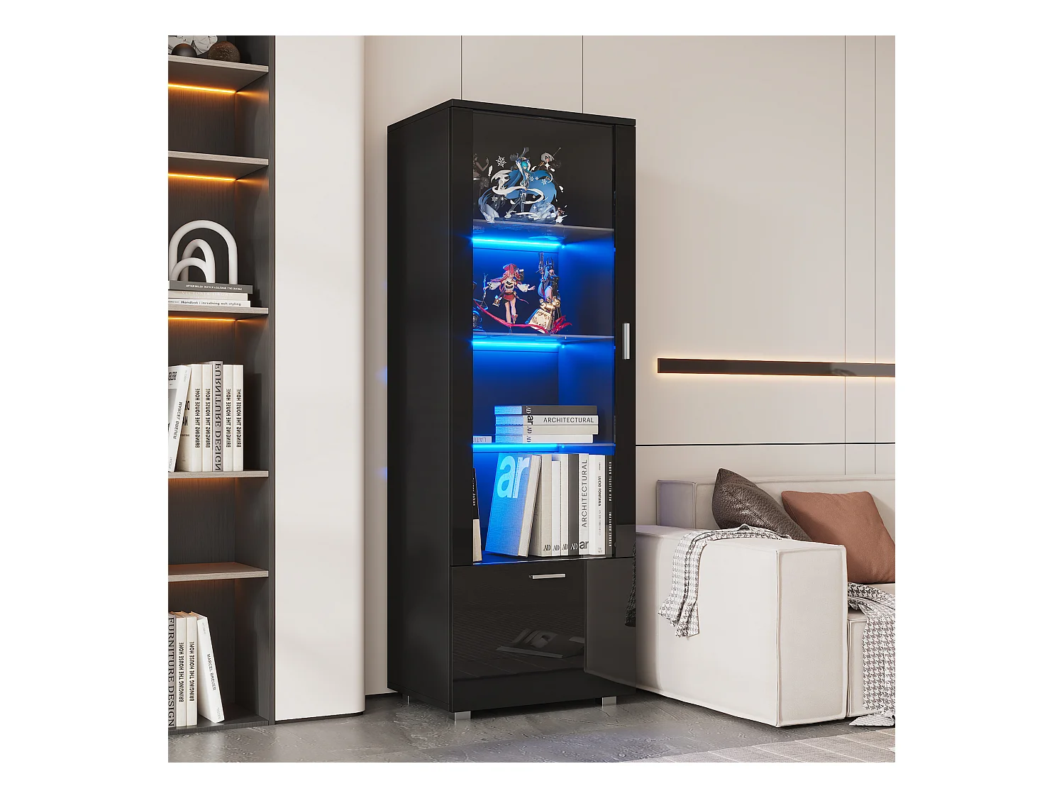 Vitrine avec 1 porte et 1 tiroir - 50 x 40 x 160 cm - LEDs - Étagère en verre - Panneaux de particules - Noire brillant