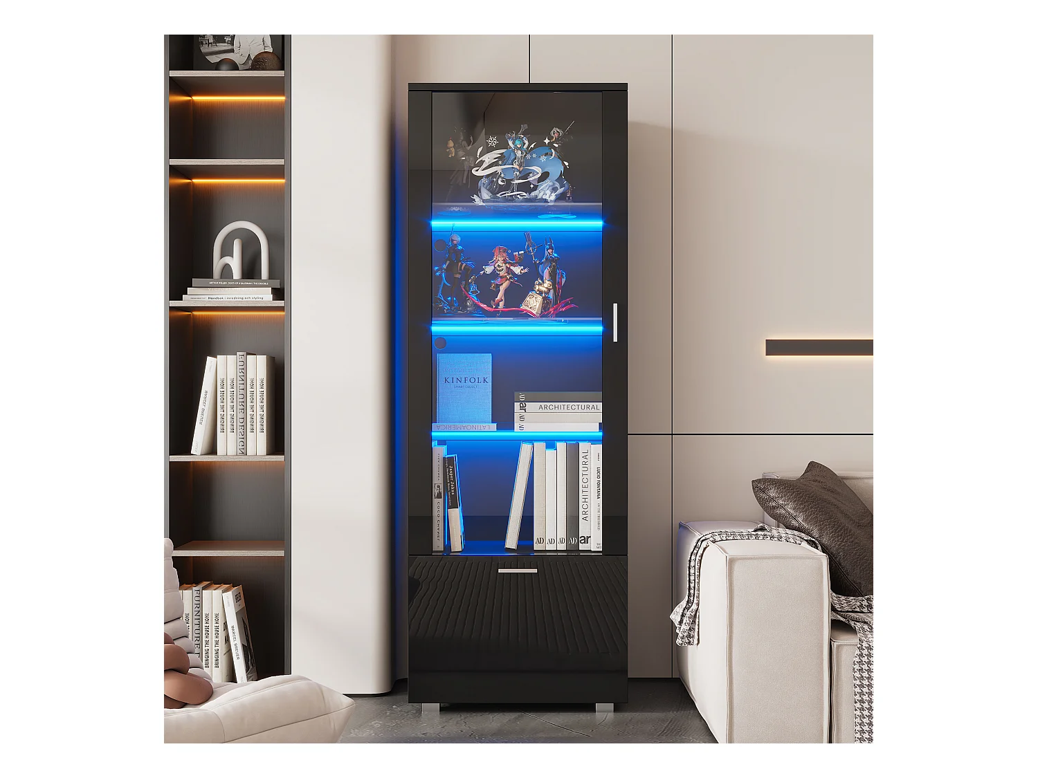 Vitrine avec 1 porte et 1 tiroir - 50 x 40 x 160 cm - LEDs - Étagère en verre - Panneaux de particules - Noire brillant