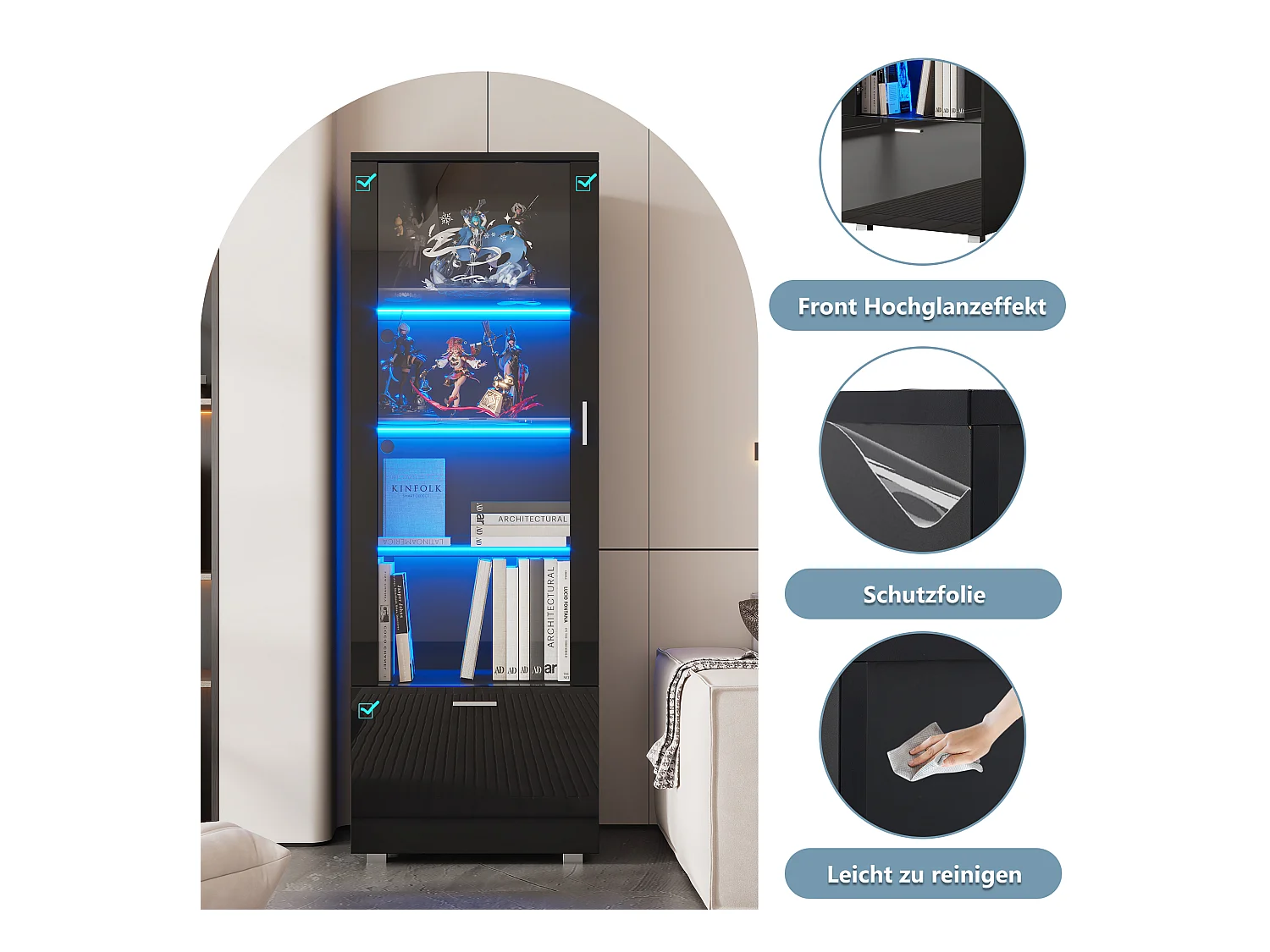 Vitrine avec 1 porte et 1 tiroir - 50 x 40 x 160 cm - LEDs - Étagère en verre - Panneaux de particules - Noire brillant