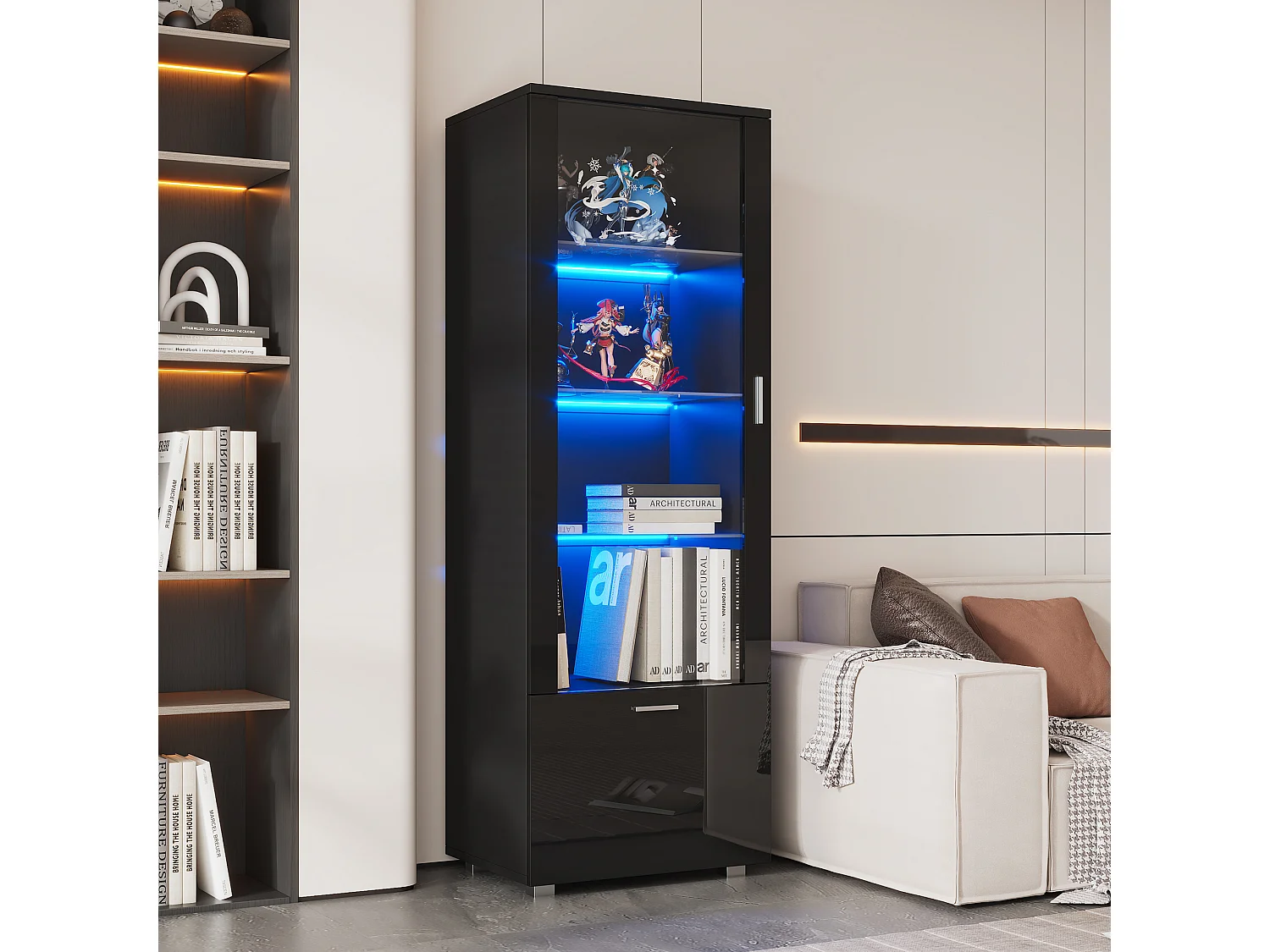 Vitrine avec 1 porte et 1 tiroir - 50 x 40 x 160 cm - LEDs - Étagère en verre - Panneaux de particules - Noire brillant