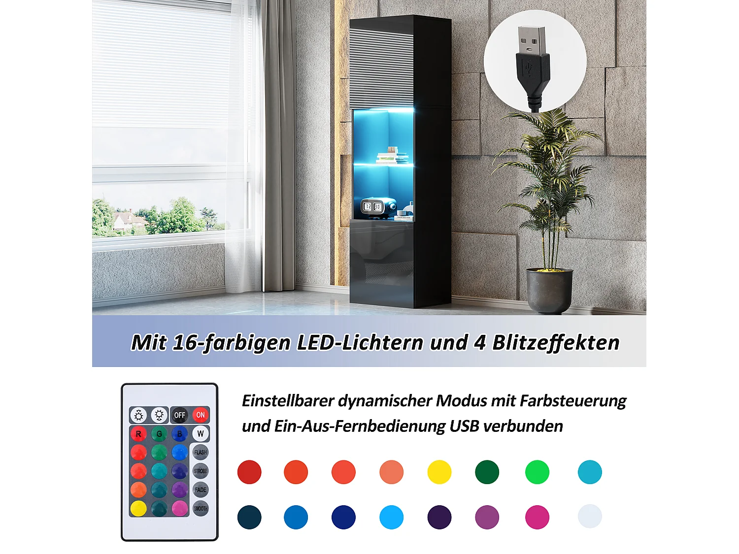 Vitrine avec 2 portes et 1 étagère en verre - 45 x 35 x 160 cm - LEDs - Panneaux de particules - Noire brillant