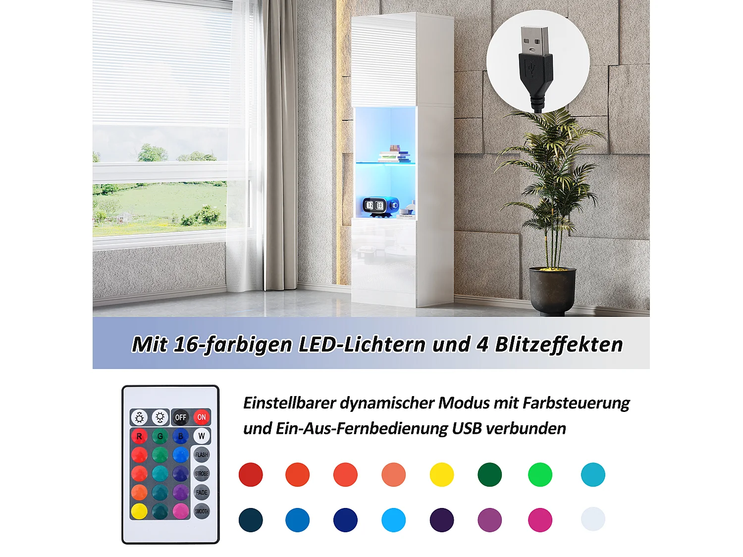 Witryna z 2 drzwiami i 1 szklaną półką - 45 x 35 x 160 cm - Diody LED - Płyta wiórowa - Biały połysk