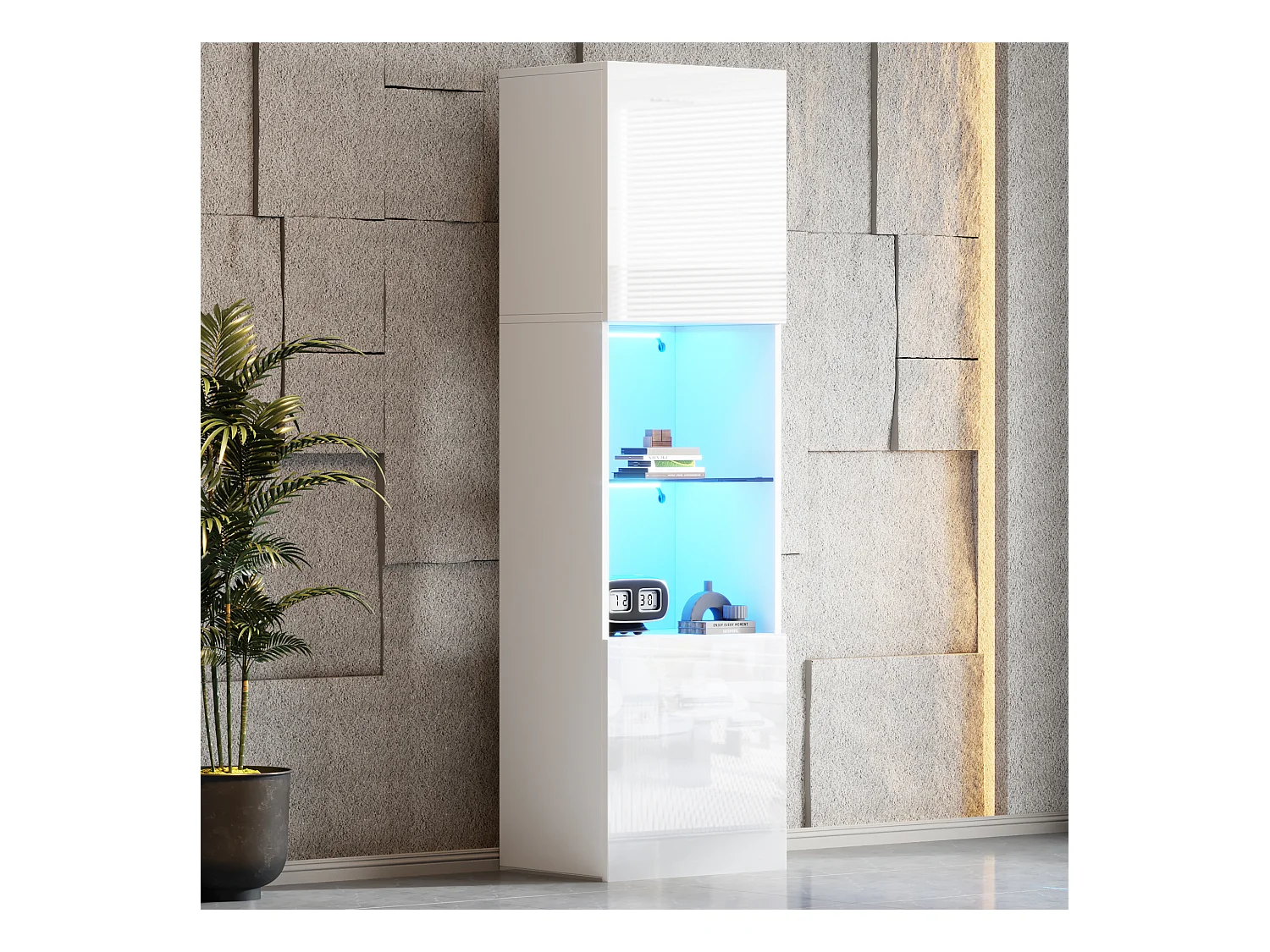 Vitrine avec 2 portes et 1 étagère en verre - 45 x 35 x 160 cm - LEDs - Panneaux de particules - Blanc brillant