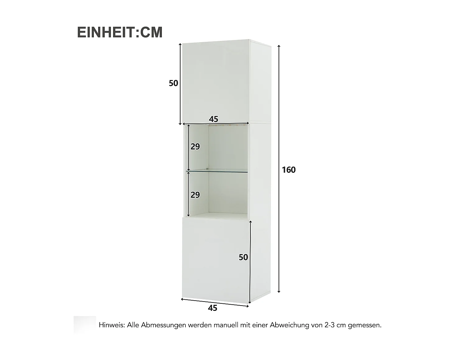 Vitrine avec 2 portes et 1 étagère en verre - 45 x 35 x 160 cm - LEDs - Panneaux de particules - Blanc brillant