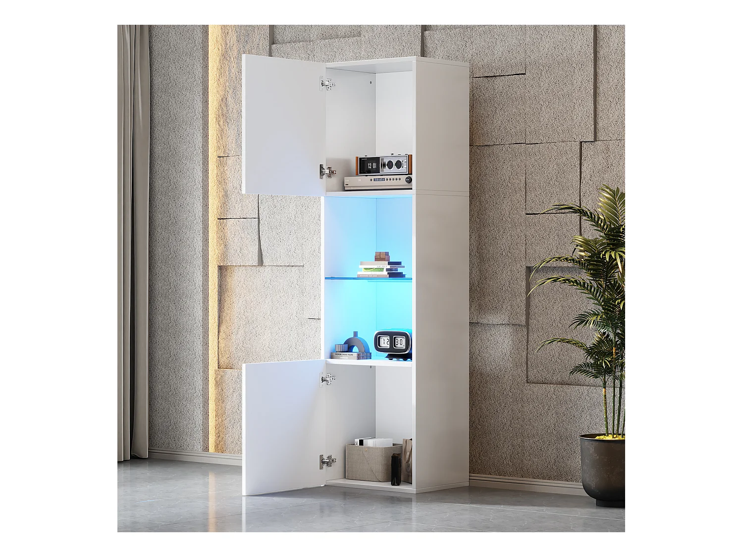 Vitrine avec 2 portes et 1 étagère en verre - 45 x 35 x 160 cm - LEDs - Panneaux de particules - Blanc brillant