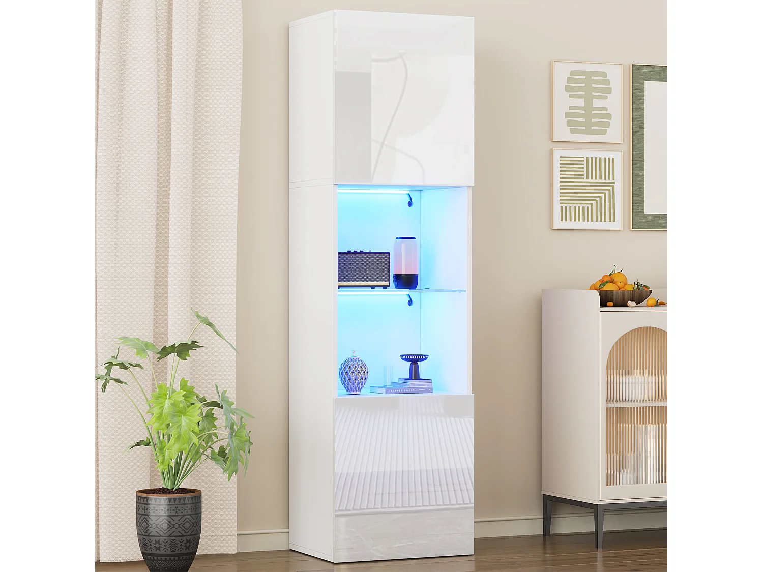 Vitrine avec 2 portes et 1 étagère en verre - 45 x 35 x 160 cm - LEDs - Panneaux de particules - Blanc brillant