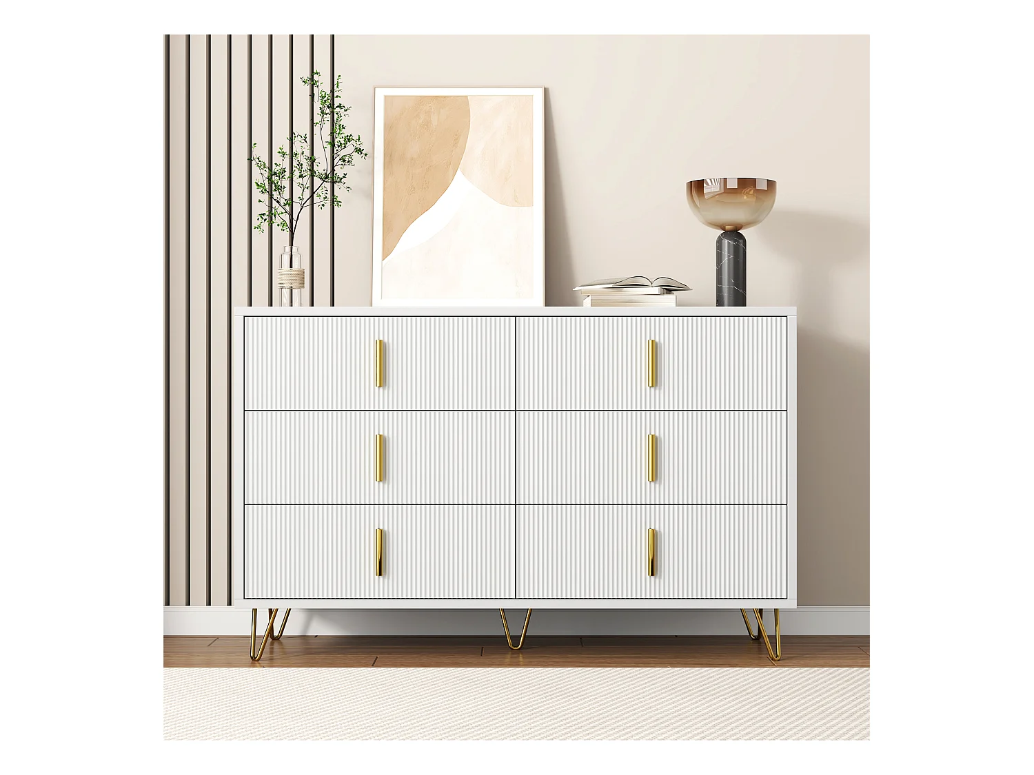 Commode avec 6 tiroirs - 120 x 44x 77 cm - Panneaux de particules et pièds en métal doré - Blanc