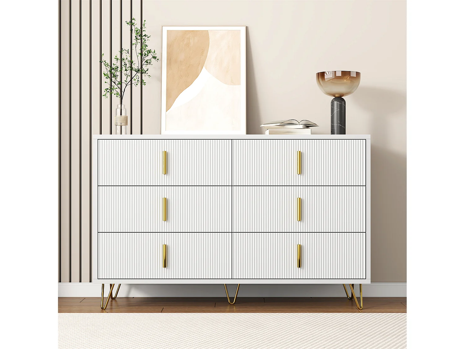 Commode avec 6 tiroirs - 120 x 44x 77 cm - Panneaux de particules et pièds en métal doré - Blanc