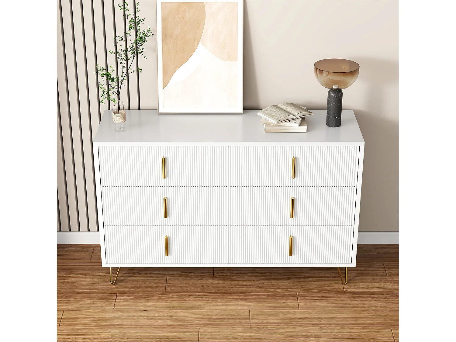 Commode avec 6 tiroirs - 120 x 44x 77 cm - Panneaux de particules et pièds en métal doré - Blanc