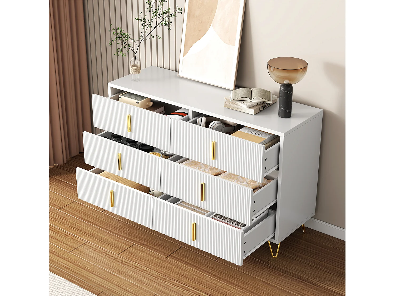 Commode avec 6 tiroirs - 120 x 44x 77 cm - Panneaux de particules et pièds en métal doré - Blanc