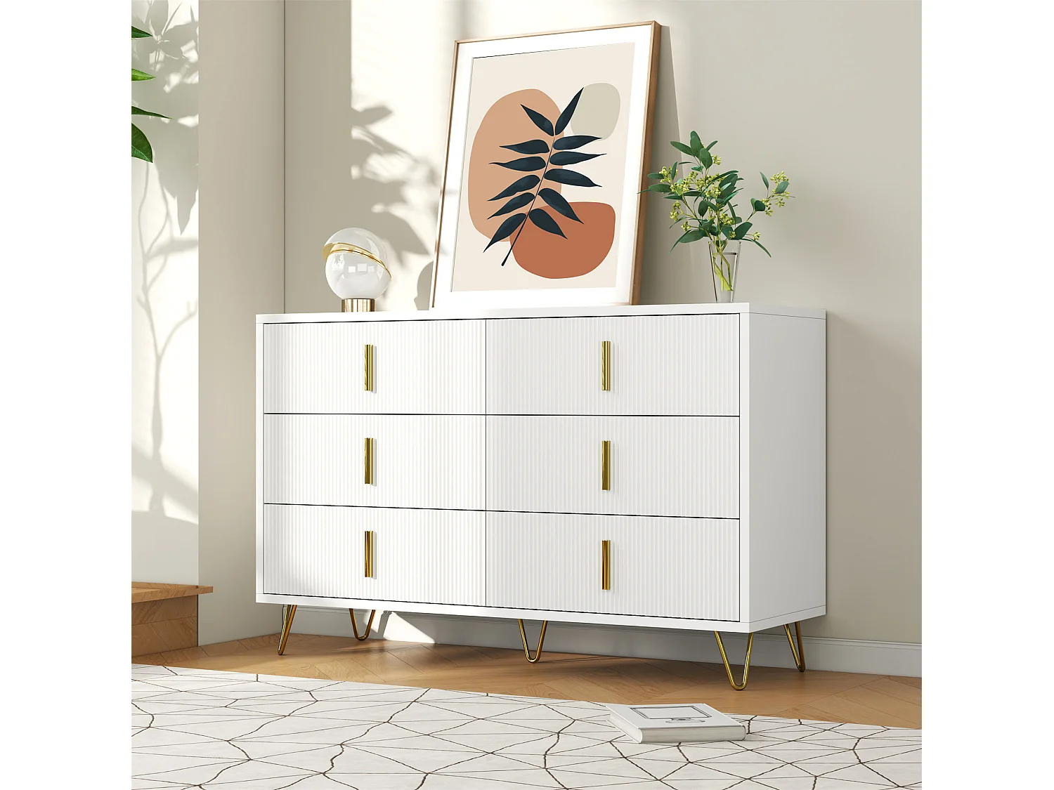 Commode avec 6 tiroirs - 120 x 44x 77 cm - Panneaux de particules et pièds en métal doré - Blanc