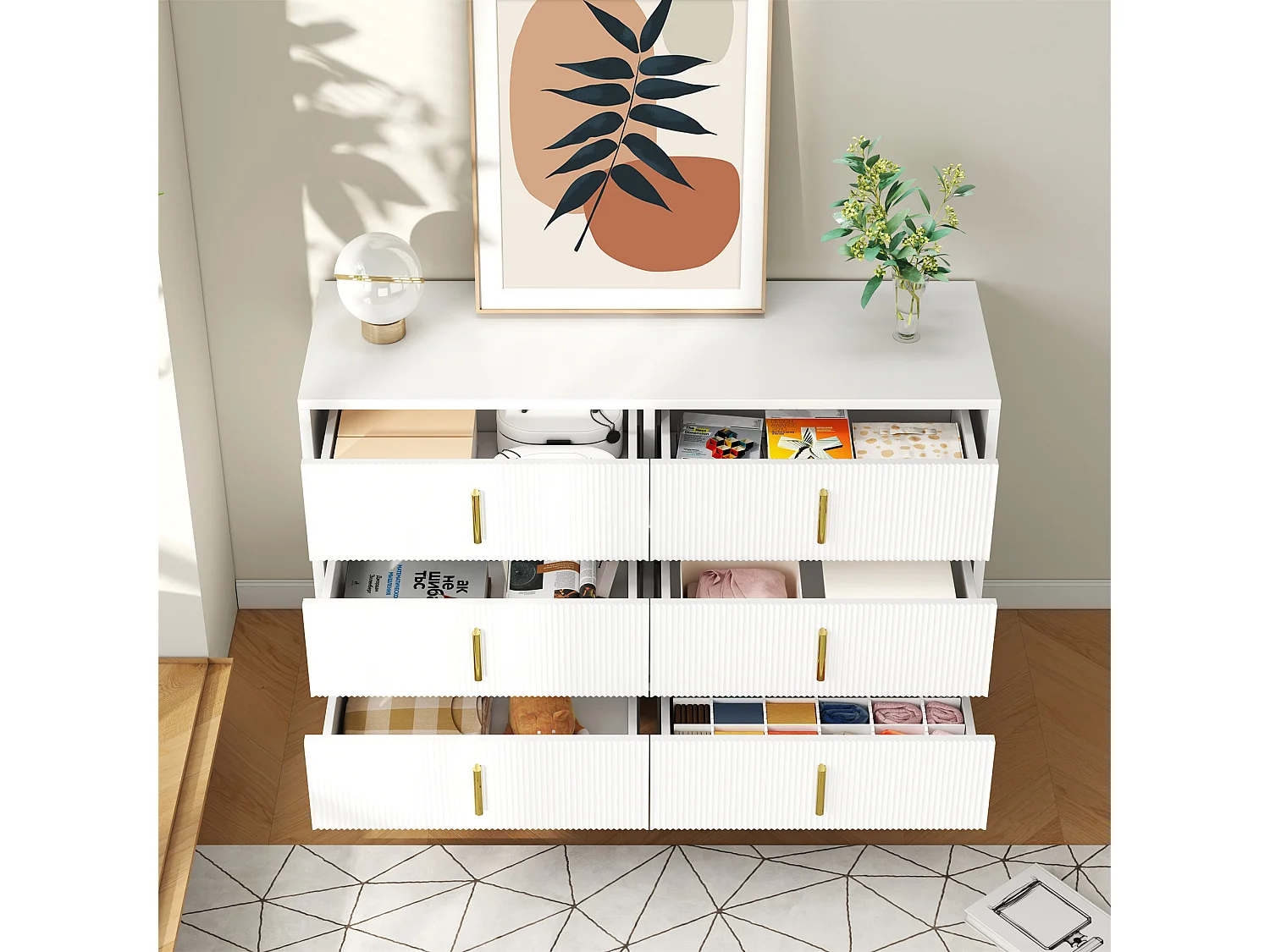 Commode avec 6 tiroirs - 120 x 44x 77 cm - Panneaux de particules et pièds en métal doré - Blanc