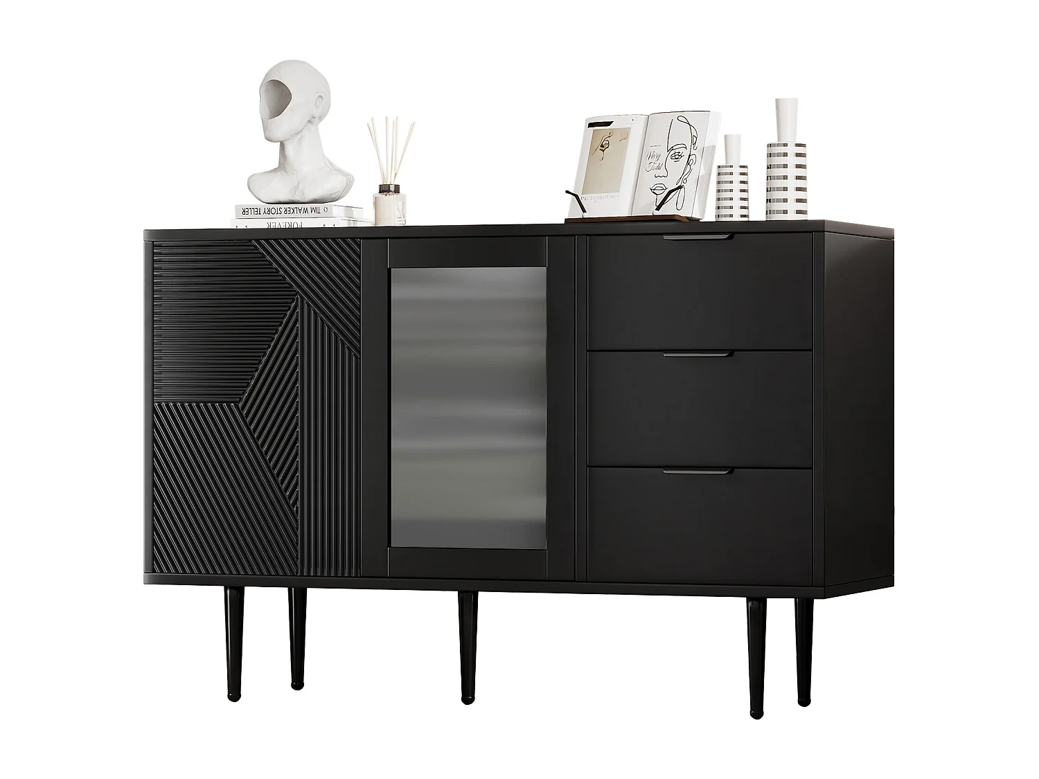 Cómoda con 3 cajones y 2 puertas - 120 x 38 x 79,5 cm - Tablero de partículas y patas de metal - Negro