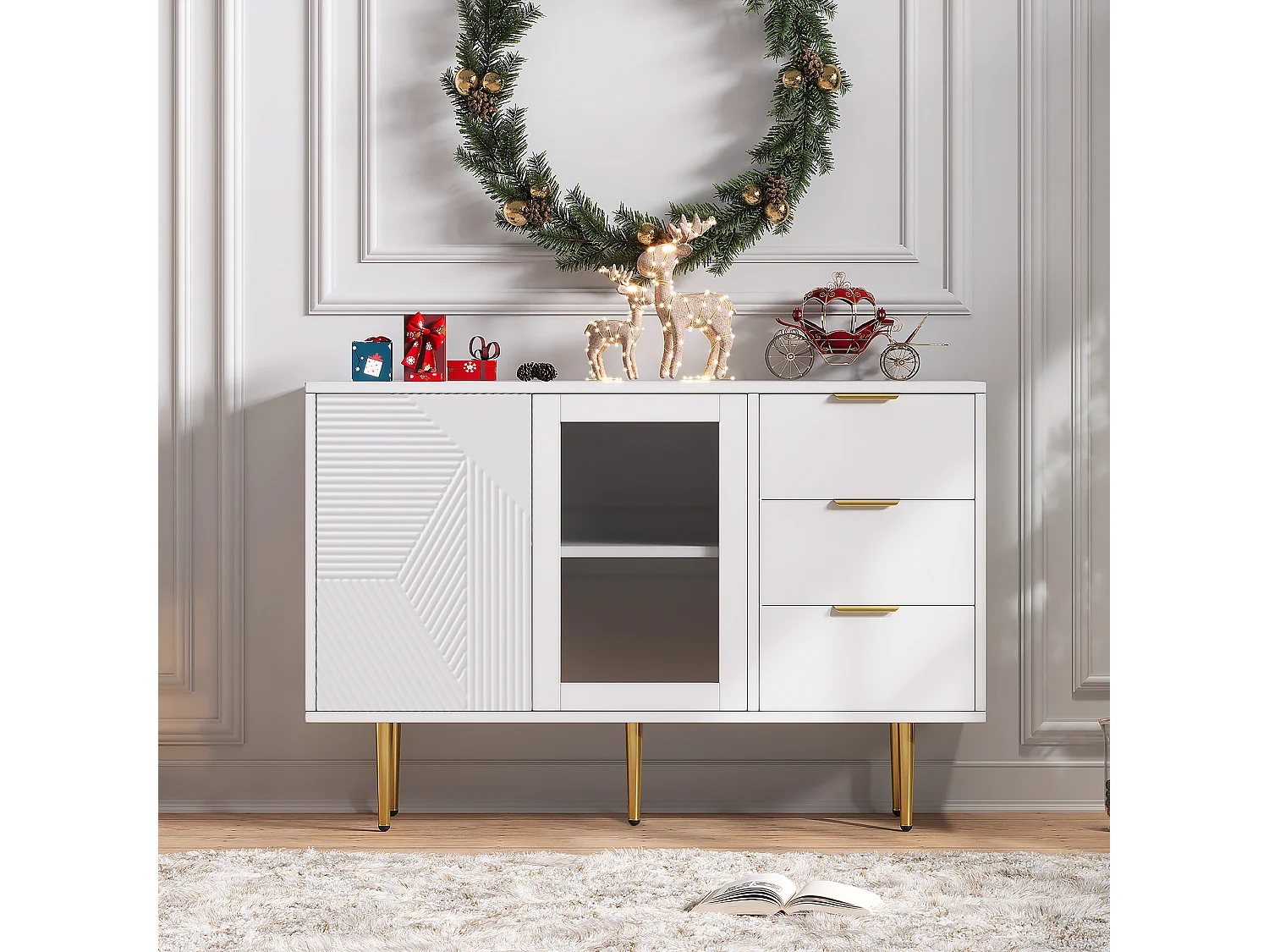 Ladekast met 3 laden en 2 deuren - 120 x 38 x 79,5 cm - Spaanplaat en metalen poten - Wit