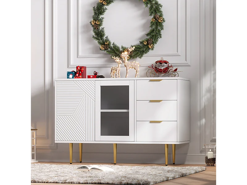 Kommode mit 3 Schubladen und 2 Türen - 120 x 38 x 79,5 cm - Spanplatte und Metallbeine - Weiß