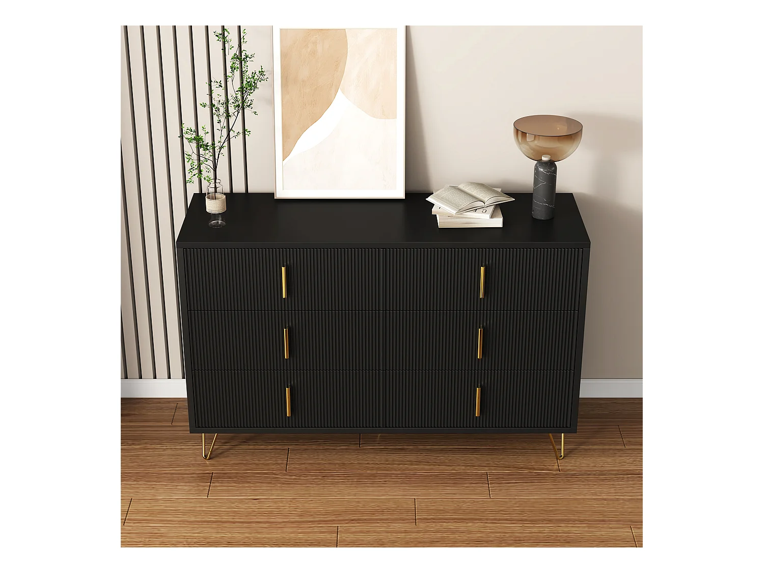 Commode avec 6 tiroirs - 120 x 44x 77 cm - Panneaux de particules et pièds en métal doré - Noir