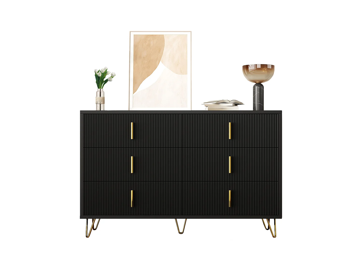 Commode avec 6 tiroirs - 120 x 44x 77 cm - Panneaux de particules et pièds en métal doré - Noir