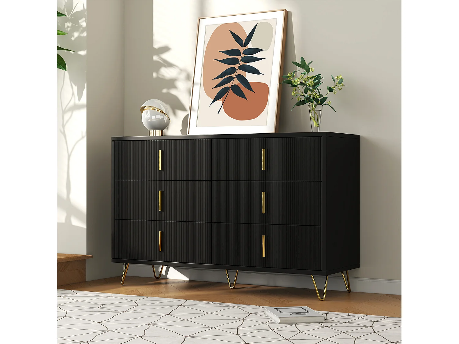 Commode avec 6 tiroirs - 120 x 44x 77 cm - Panneaux de particules et pièds en métal doré - Noir