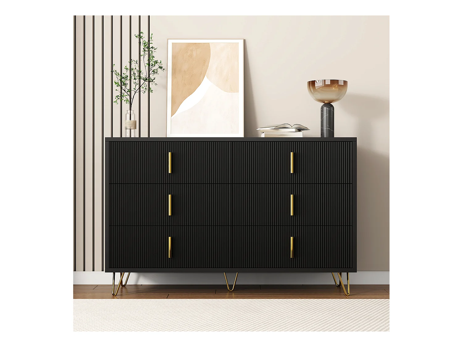 Commode avec 6 tiroirs - 120 x 44x 77 cm - Panneaux de particules et pièds en métal doré - Noir