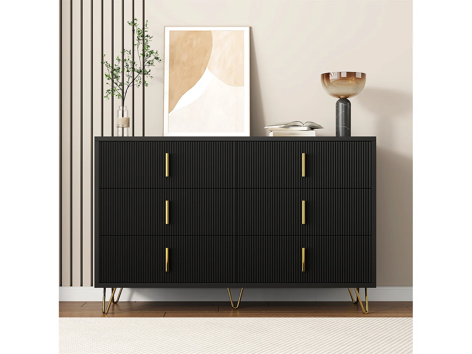 Kommode mit 6 Schubladen - 120 x 44 x 77 cm - Spanplatte und goldene Metallbeine - Schwarz