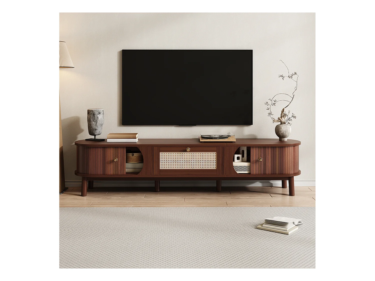 Meuble TV avec 2 portes coulissantes en rotin et un tiroir - 170 x 39.5 x 38 cm - Panneau de particules - Naturel