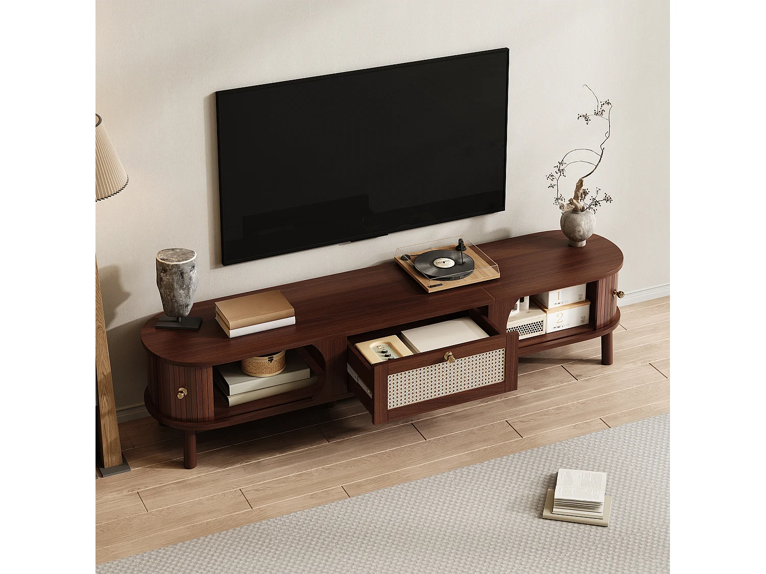 Meuble TV avec 2 portes coulissantes en rotin et un tiroir - 170 x 39.5 x 38 cm - Panneau de particules - Naturel