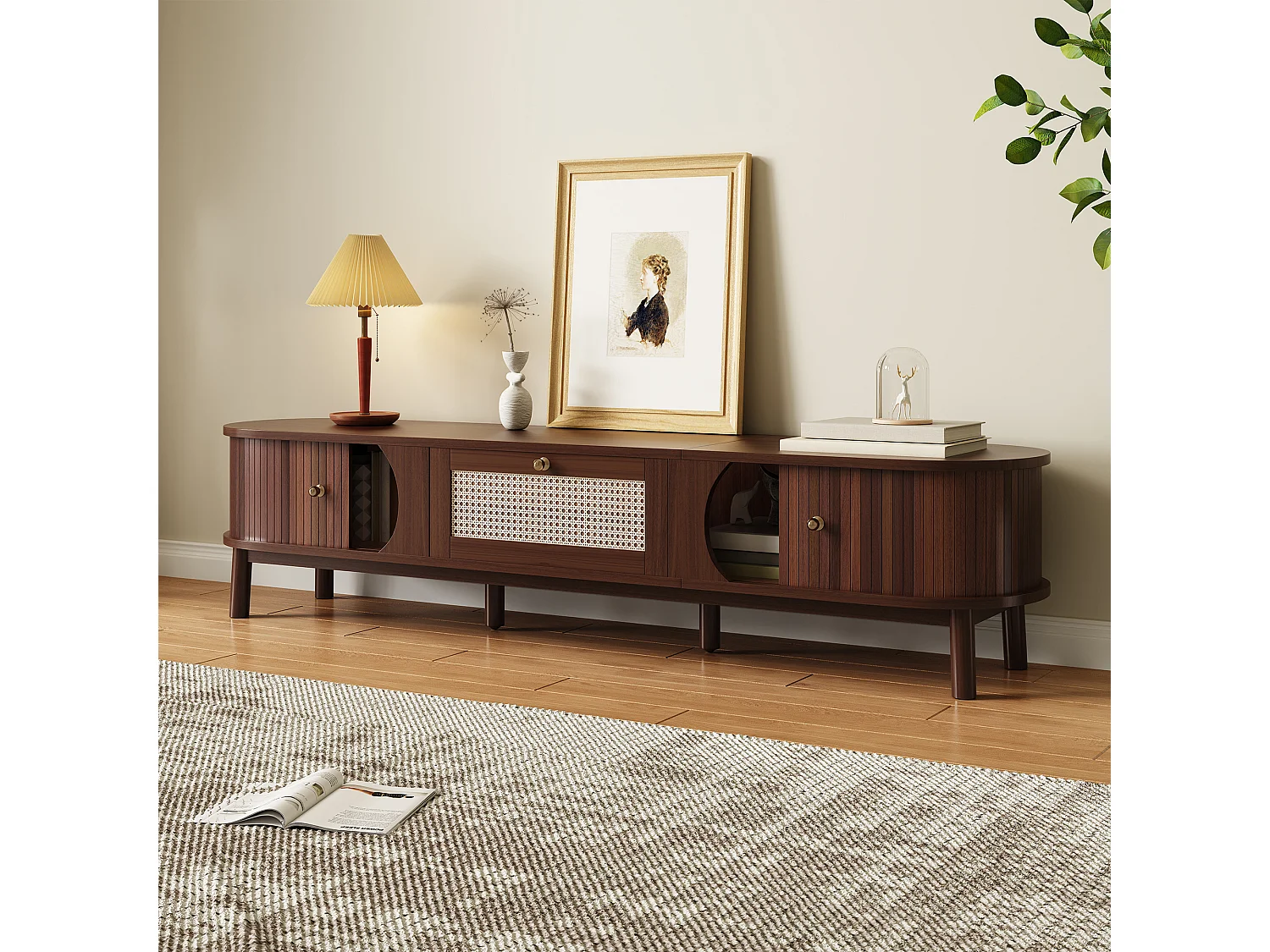 Meuble TV avec 2 portes coulissantes en rotin et un tiroir - 170 x 39.5 x 38 cm - Panneau de particules - Naturel