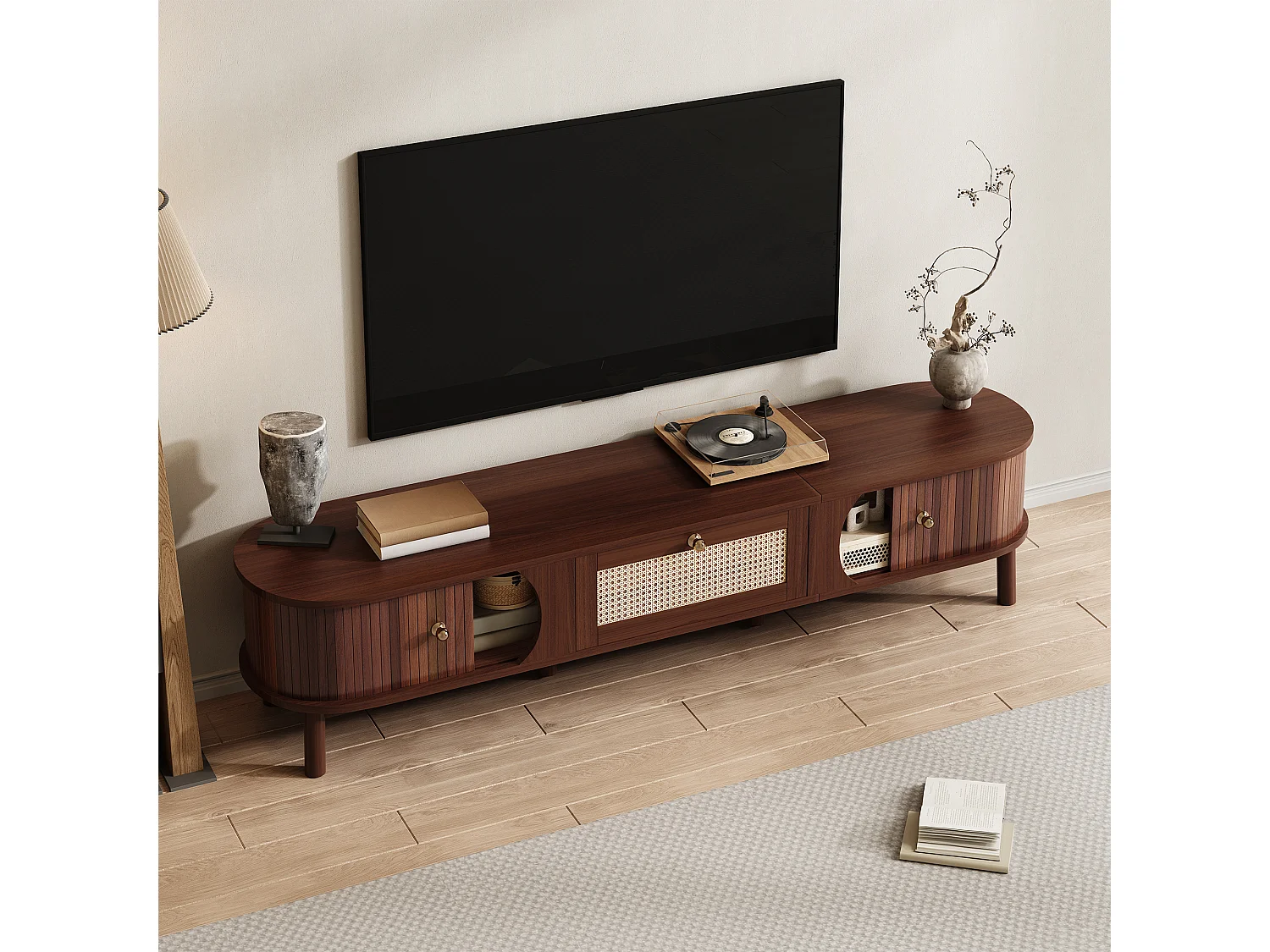 Meuble TV avec 2 portes coulissantes en rotin et un tiroir - 170 x 39.5 x 38 cm - Panneau de particules - Naturel