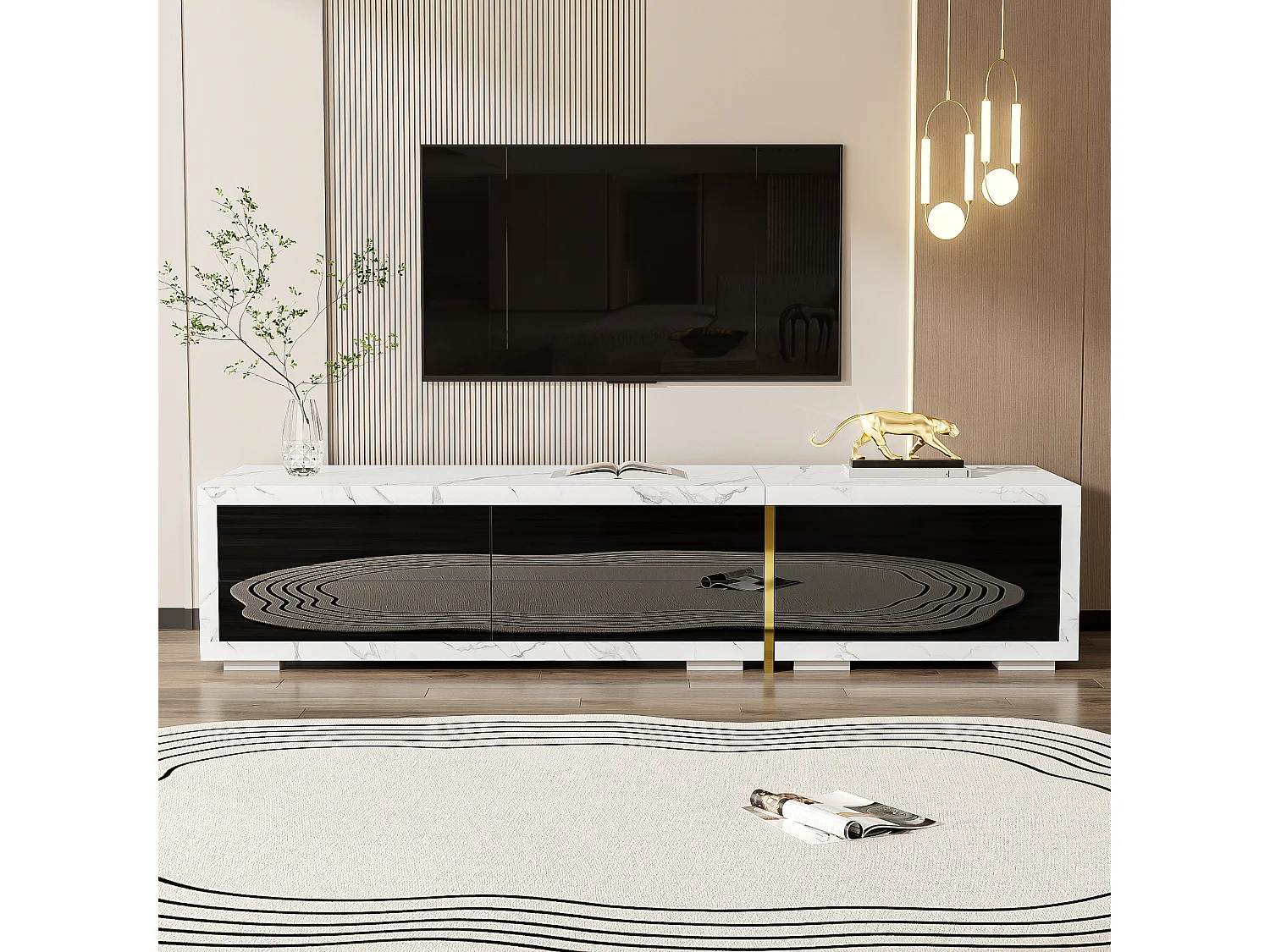 Meuble TV extensible avec 3 portes - 140/260 x 40 x 30 cm - Effet marbre - MDF - Noir brillant + blanc