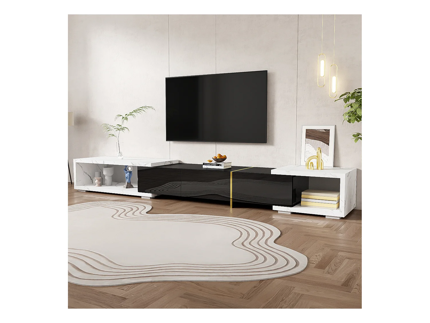 Mueble de TV extensible con 3 puertas - 140/260 x 40 x 30 cm - Efecto mármol - MDF - Negro brillo + blanco
