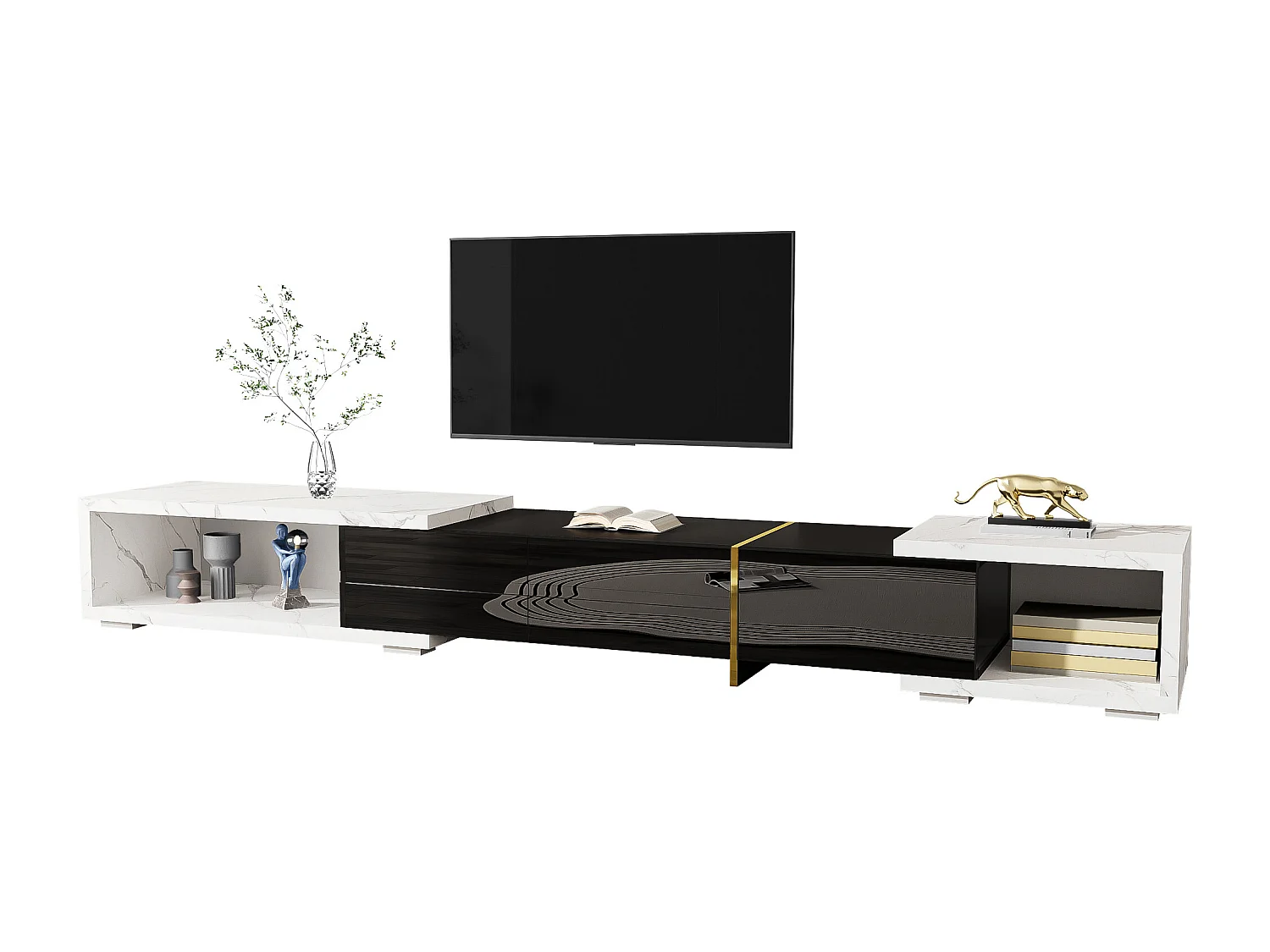 Meuble TV extensible avec 3 portes - 140/260 x 40 x 30 cm - Effet marbre - MDF - Noir brillant + blanc