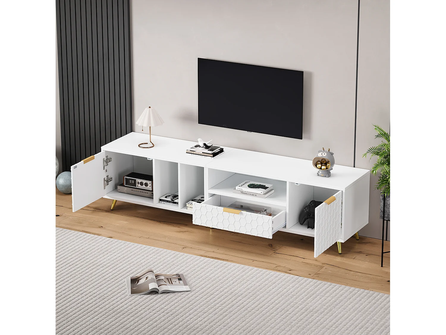 Mobile TV con 2 ante e 1 cassetto - 180 x 40 x 41 cm - Pannello truciolare - per soggiorno - Bianco