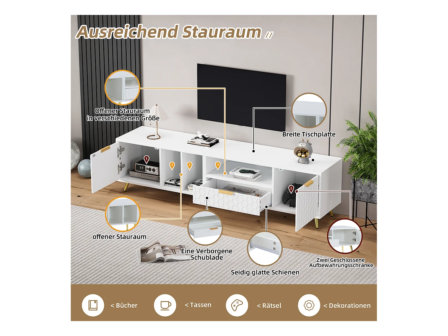 Mobile TV con 2 ante e 1 cassetto - 180 x 40 x 41 cm - Pannello truciolare - per soggiorno - Bianco