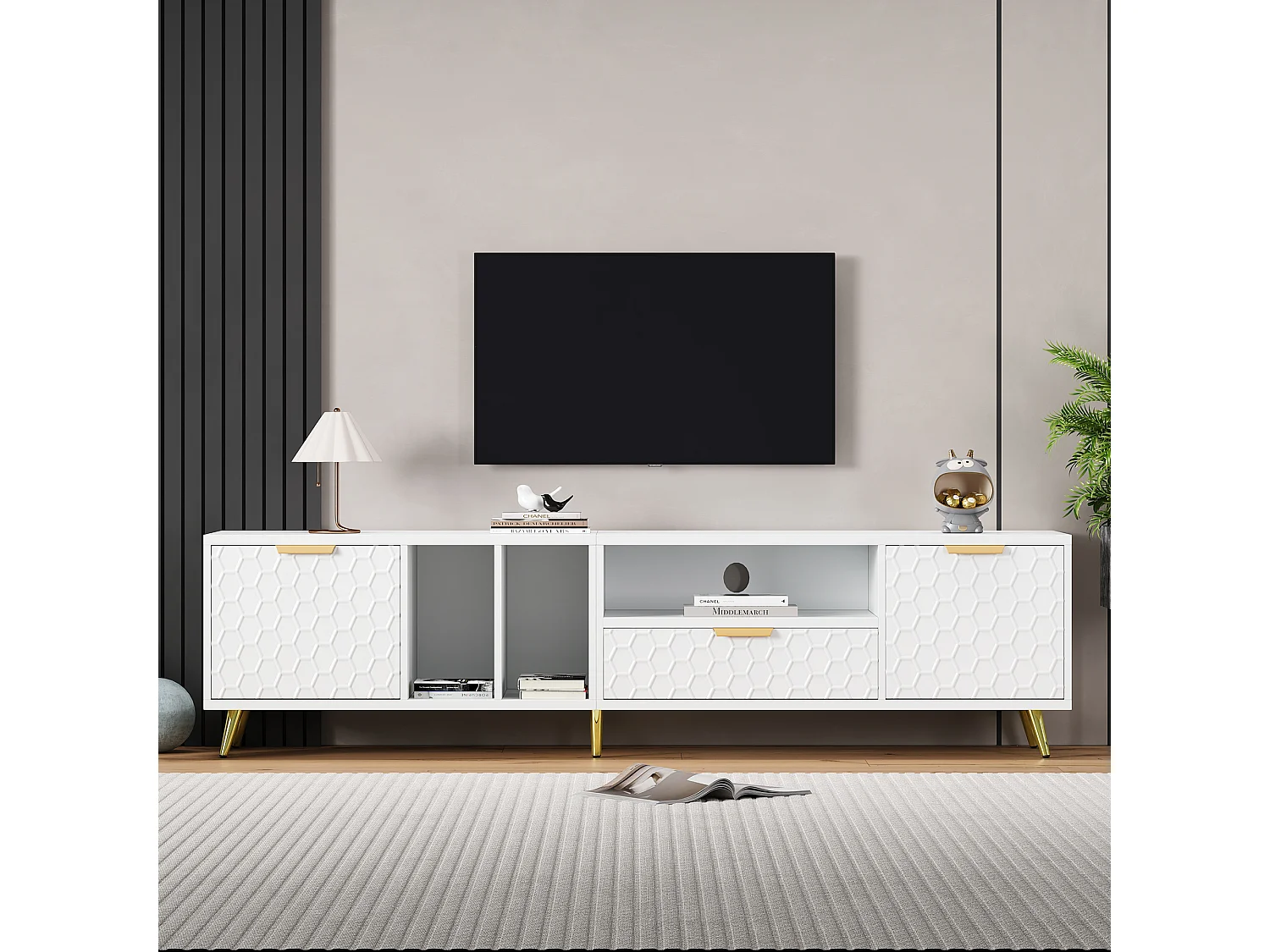 Meuble TV avec 2 portes et 1 tiroir - 180 x 40 x 41 cm - Panneaux de particules - pour salon - Blanc