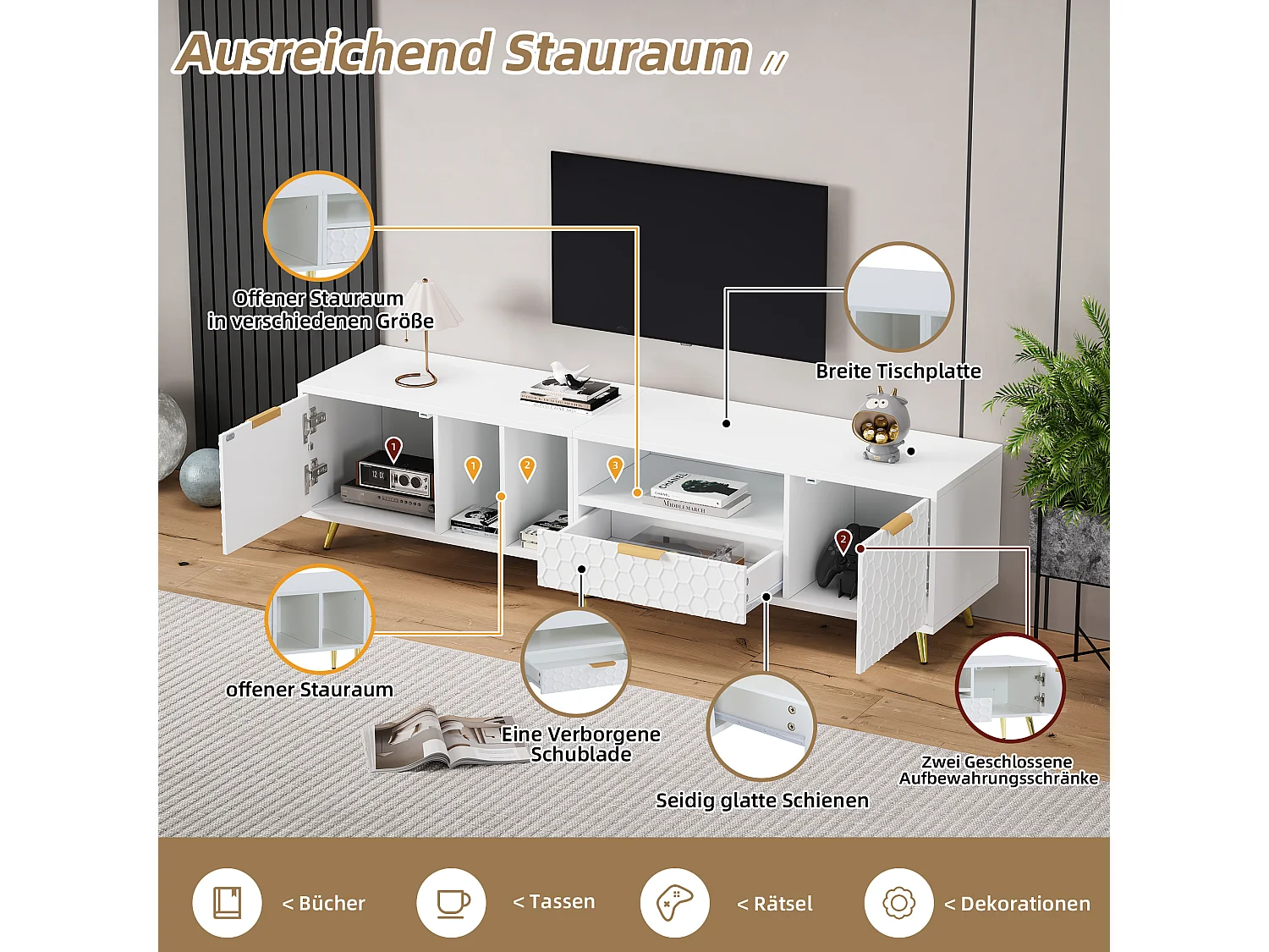 Meuble TV avec 2 portes et 1 tiroir - 180 x 40 x 41 cm - Panneaux de particules - pour salon - Blanc