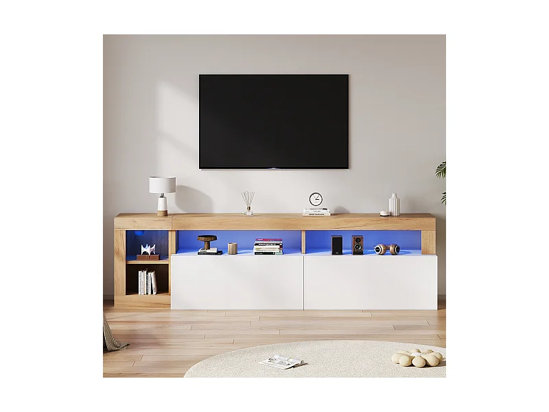 TV-Schrank mit 2 Türen und Ablagenischen - 184 x 42 x 58 cm - LEDs - Spanplatte - Weiß und Natur