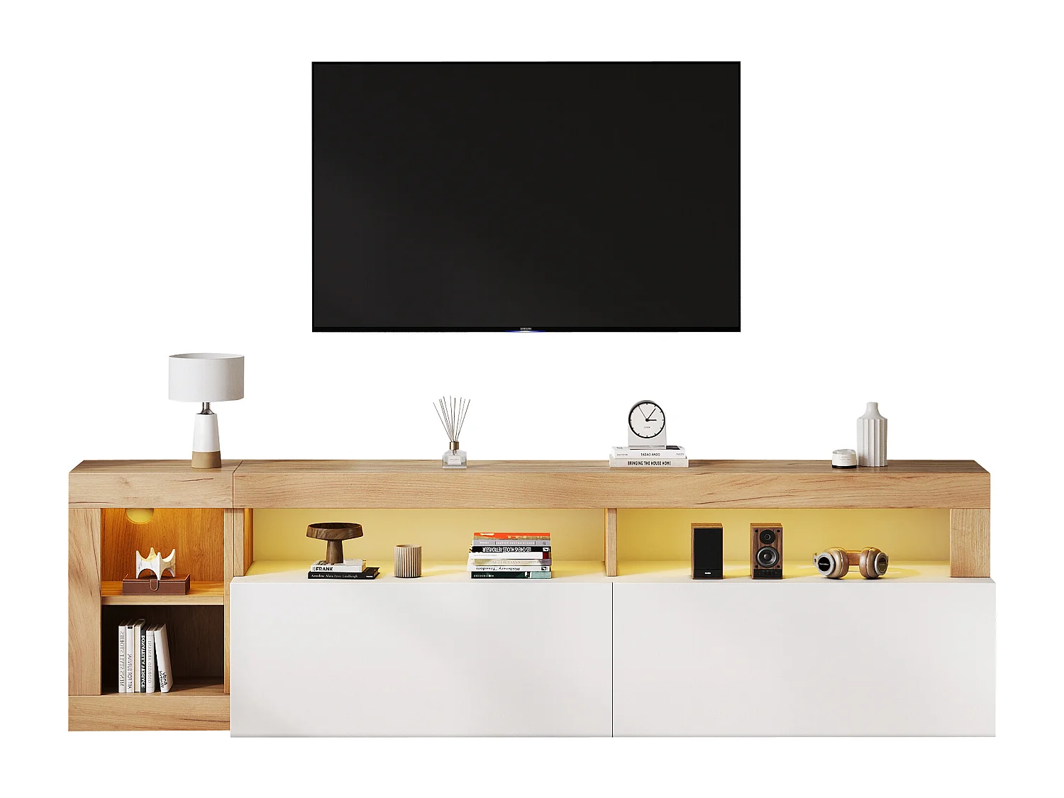 TV-Schrank mit 2 Türen und Ablagenischen - 184 x 42 x 58 cm - LEDs - Spanplatte - Weiß und Natur