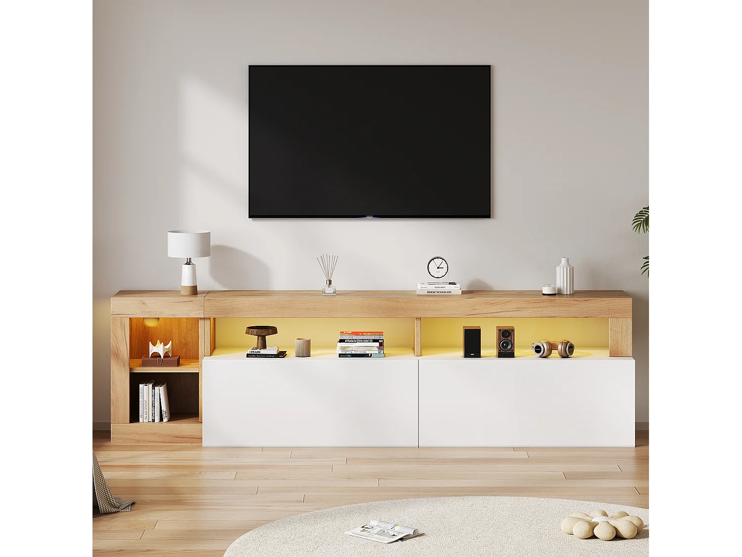 TV-Schrank mit 2 Türen und Ablagenischen - 184 x 42 x 58 cm - LEDs - Spanplatte - Weiß und Natur